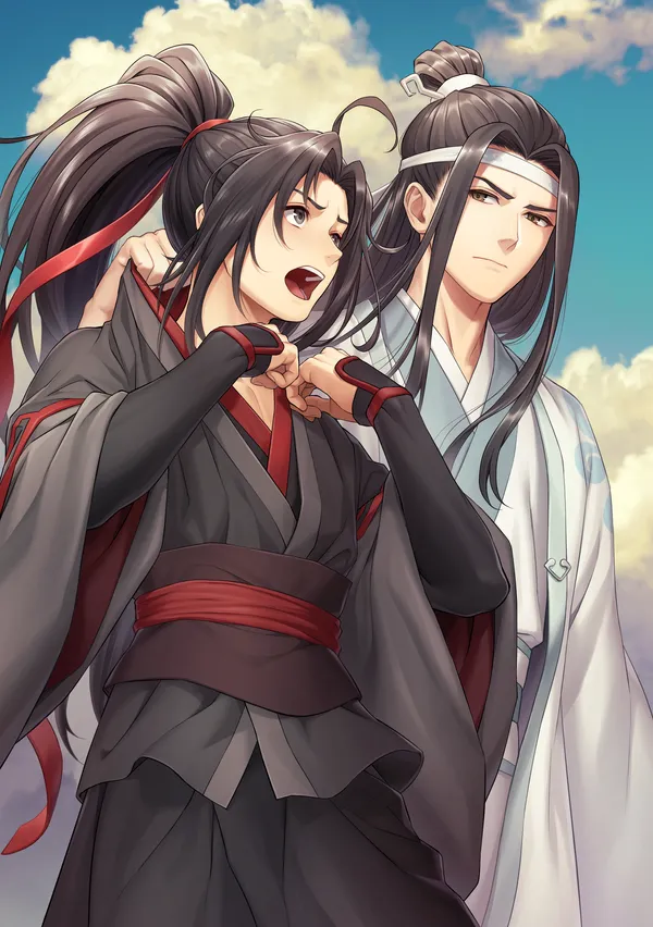 Two men in ancient Chinese clothing are standing in a field
