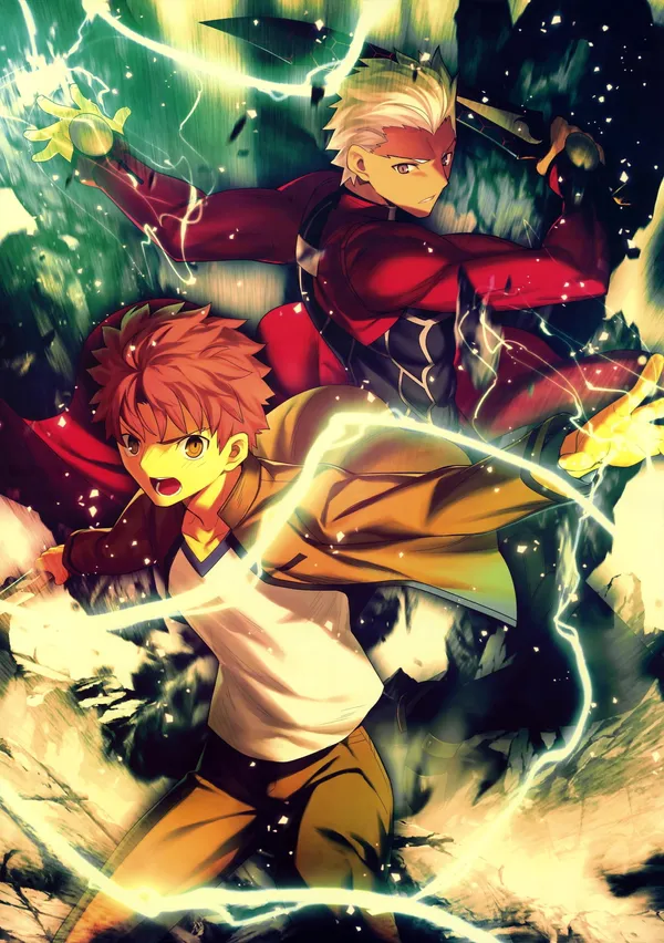 Two men with swords, one with red hair and one with white hair
