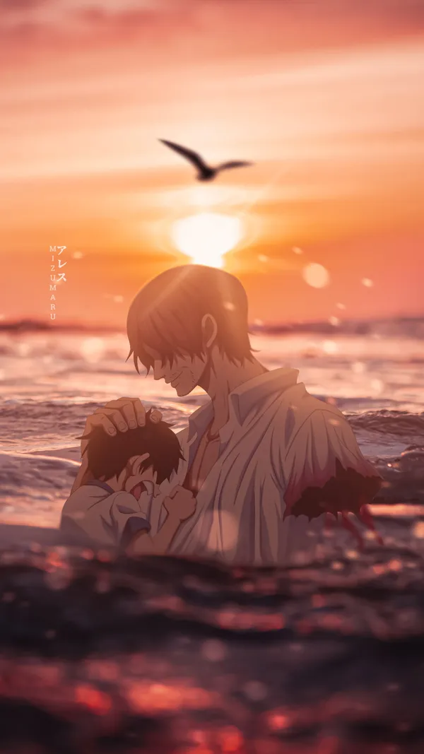 Two people in the ocean at sunset with a bird flying overhead