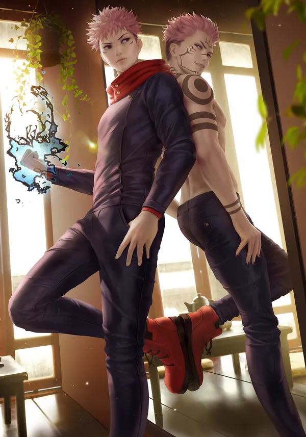Two shirtless men with tattoos and piercings, wearing dark pants and red boots