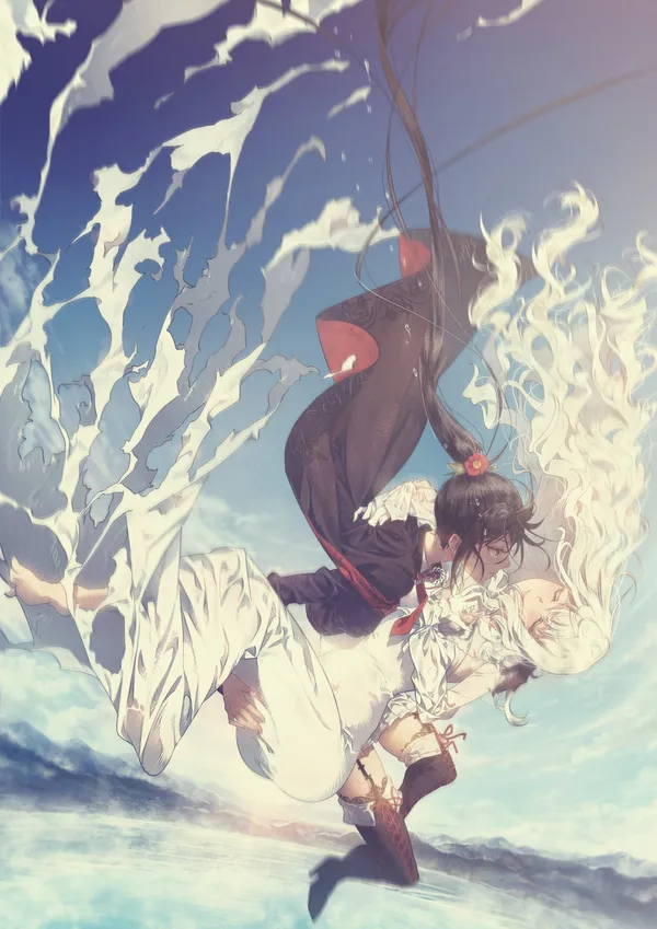 Two women are falling from the sky in each other's arms