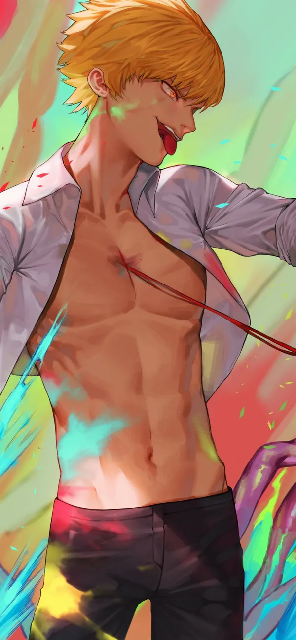 Unbuttoned blond man with a devil's tongue is covered in paint