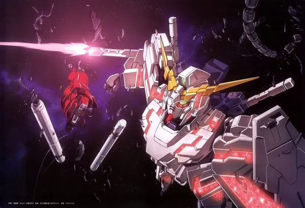 Unicorn Gundam destroying a red mobile suit in space