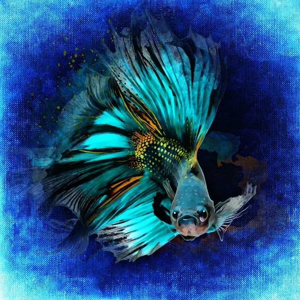 Watercolor painting of a blue and yellow Siamese fighting fish