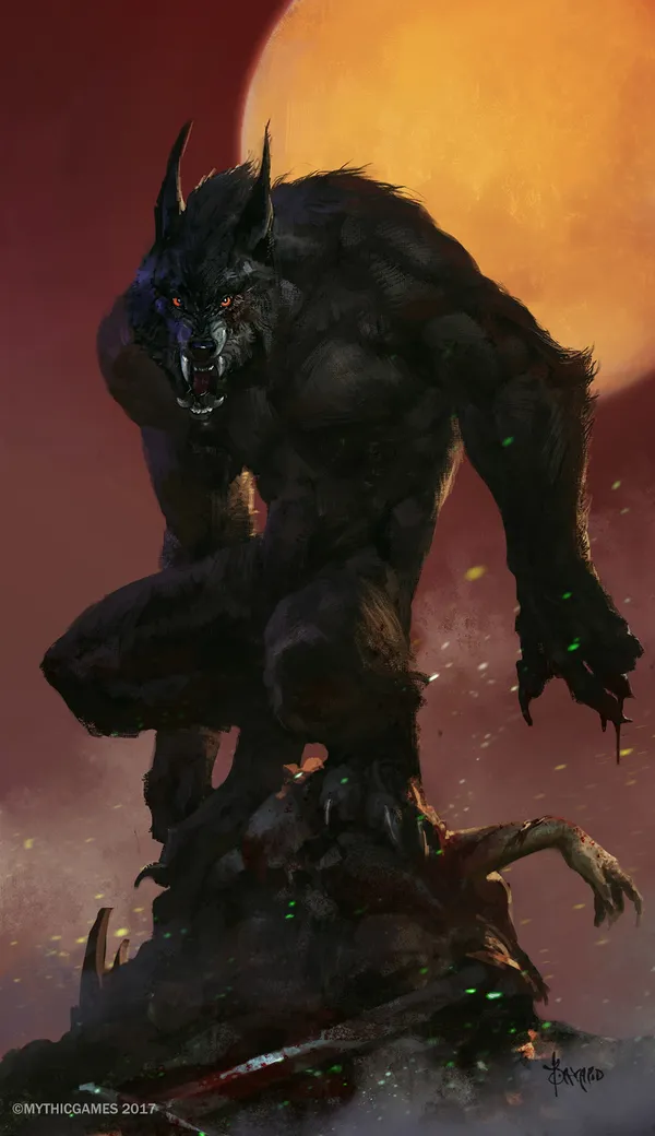 Werewolf standing on a pile of bodies in front of a red moon