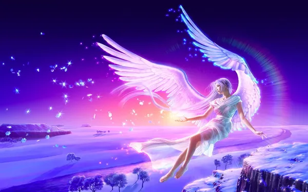 Winter scene with a beautiful angel flying over snow-covered mountains