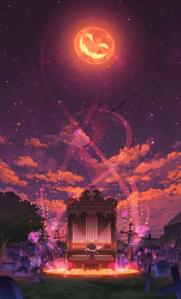 Witch is playing an organ in a graveyard at night