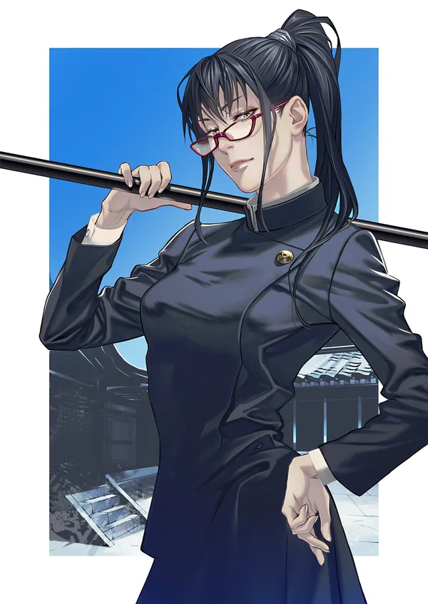 Woman in a black suit and glasses is holding a staff