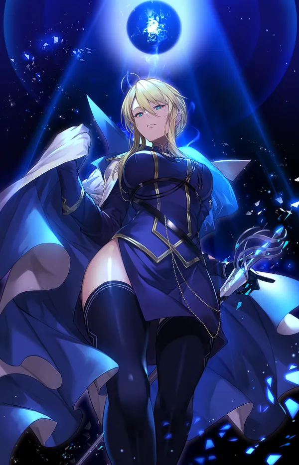 Woman in a blue dress holding a sword in front of a blue background