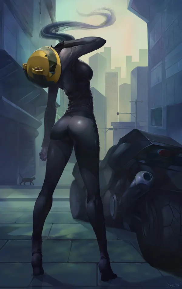 Woman in a catsuit and helmet standing with her back turned, next to a motorcycle