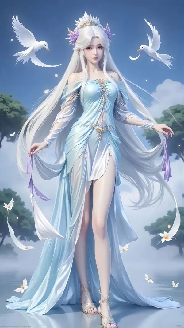 Woman in a flowing light blue gown, white hair, and sandals; two white birds