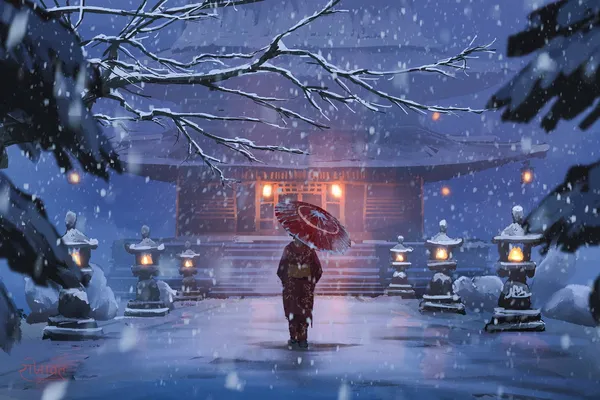 Woman in a red kimono walks to a temple through the snow