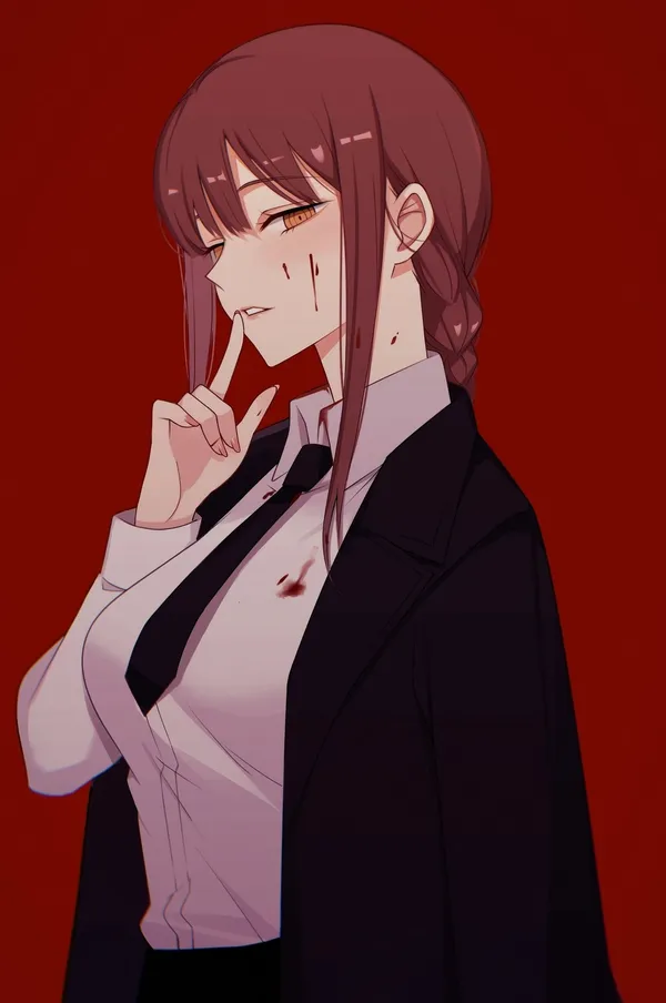 Woman in a suit with blood on her face and white shirt
