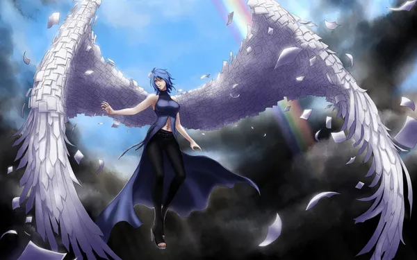 Woman with blue hair and black pants is using her paper wings to fly