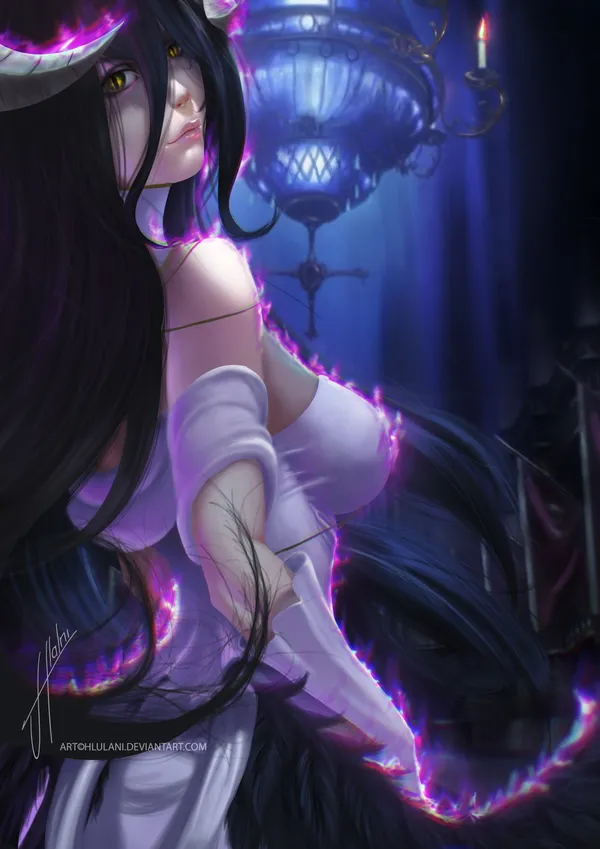 Woman with dark hair and purple eyes standing in a dark room