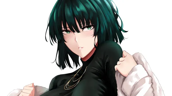 Woman with green hair and green eyes, wearing a black turtleneck blouse