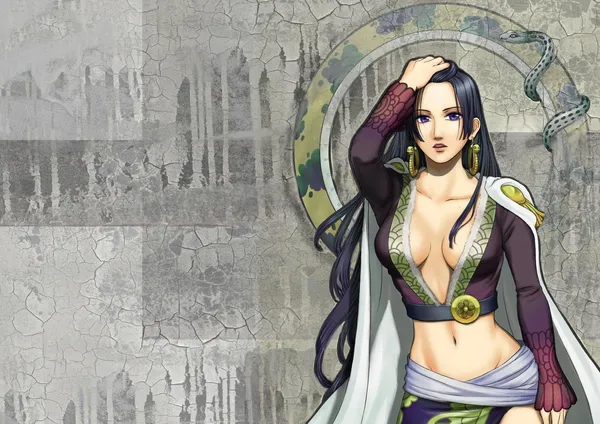 Woman with long black hair and purple eyes is standing in front of a stone