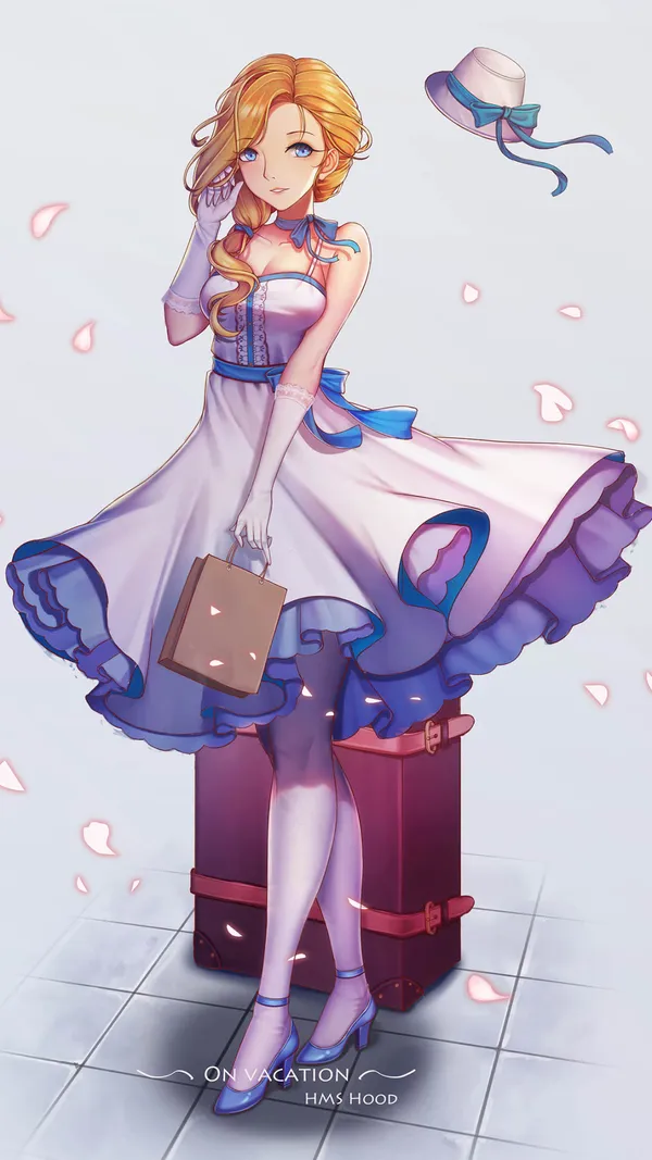 Woman with long blond hair wearing a white dress and blue sash standing on a