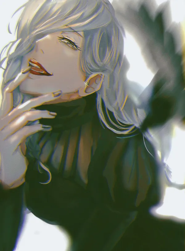 Woman with long white hair and red lipstick is shown