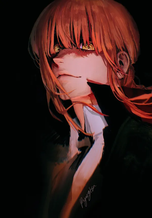 Woman with red hair and yellow eyes is looking at something