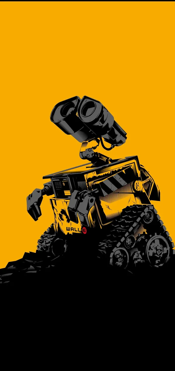 Yellow robot named Wall-E on a dark background