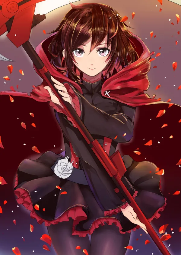 Young girl with red and brown hair holding a scythe