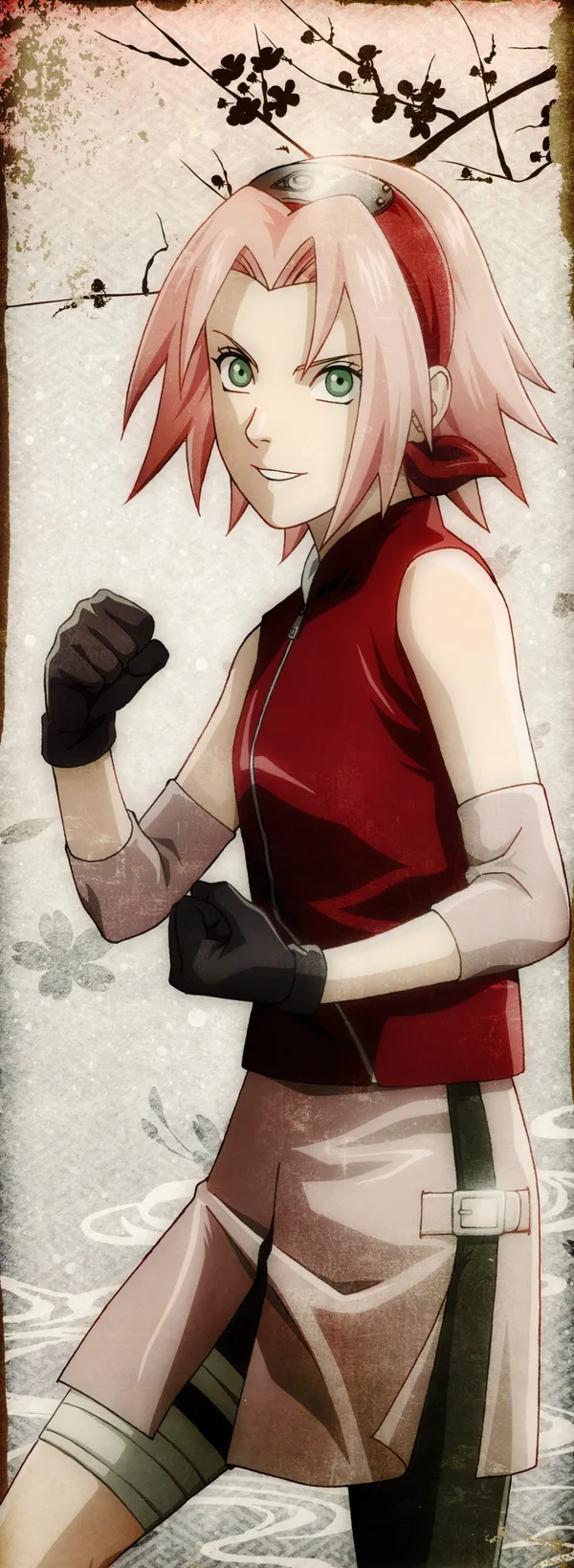 Young kunoichi with pink hair and green eyes is shown in a fighting stance