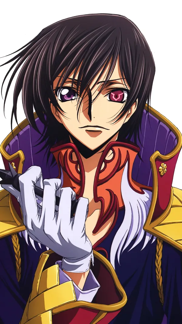 Young man with black hair and red eyes, wearing a purple and white outfit
