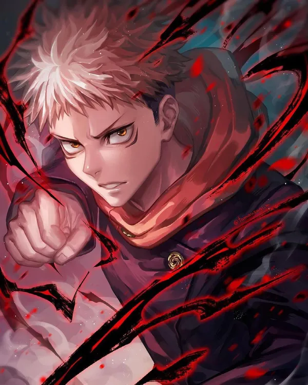 Young man with orange hair and black eyes surrounded by a red and black background