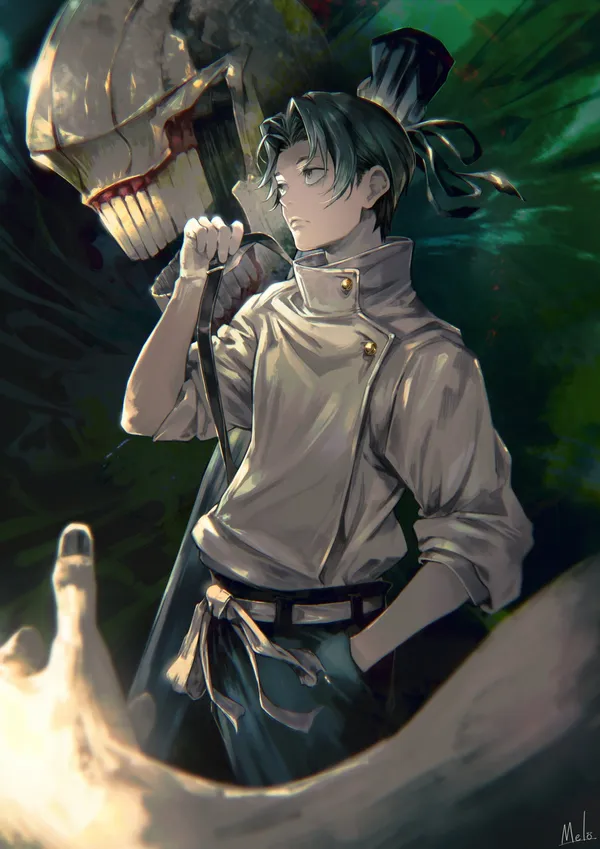 Young man with spiky black hair is standing in front of a large monster