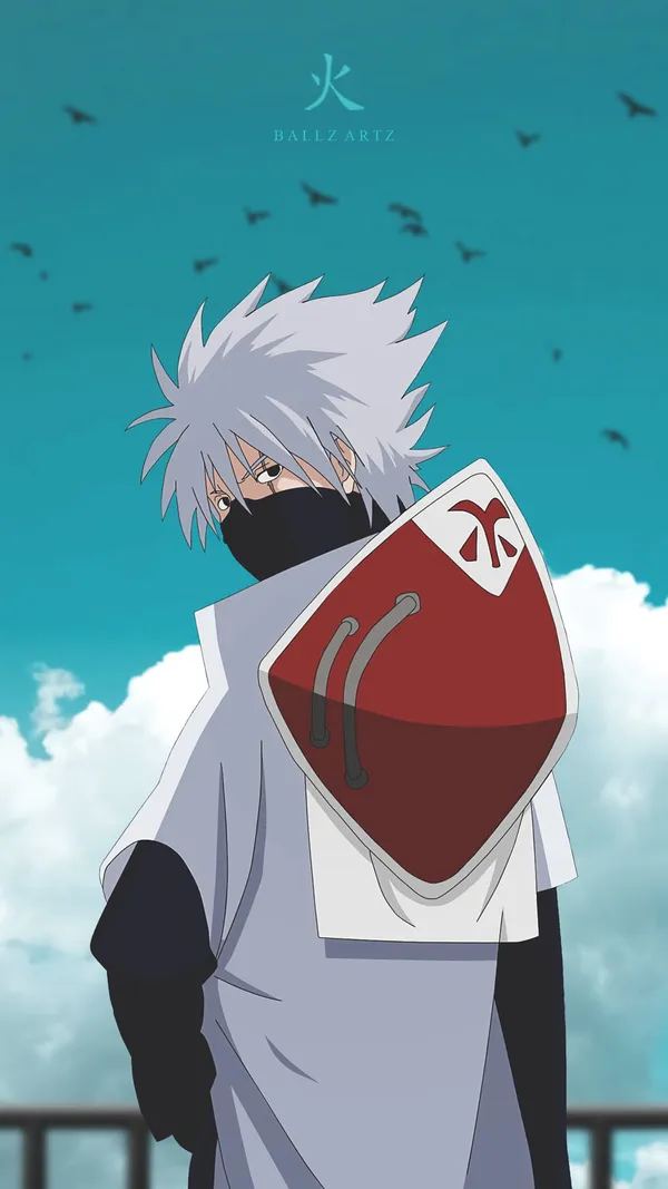 Young man with white hair and a red and white shield on his back