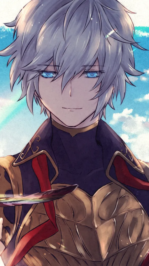 Young man with white hair and blue eyes is smiling