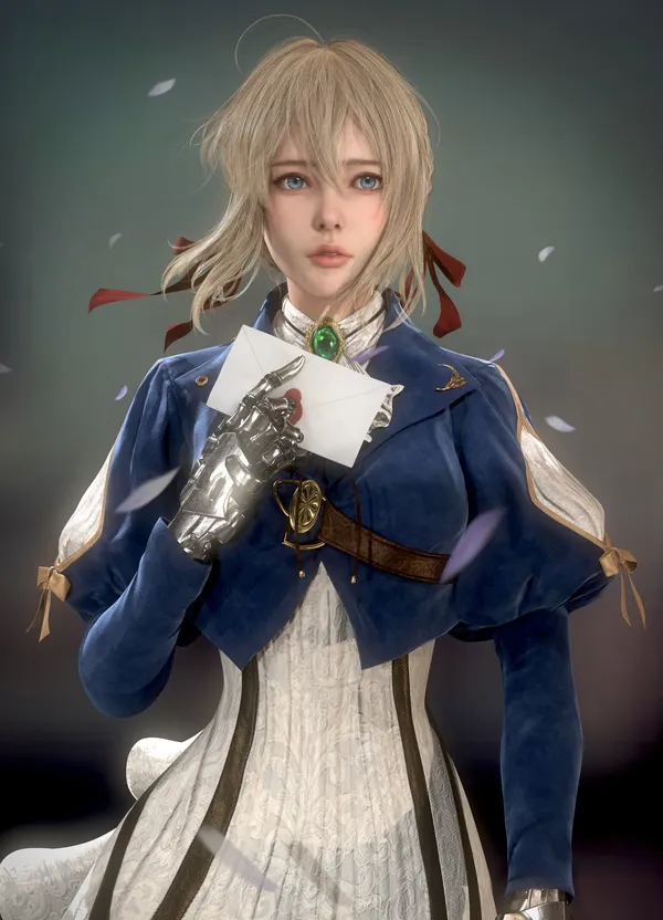 Young woman in a blue and white dress holding a letter
