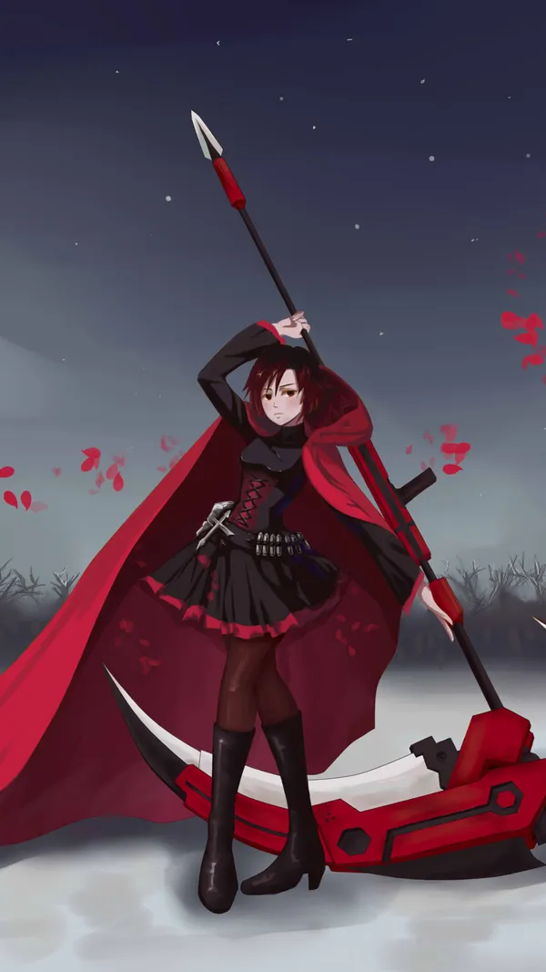 Young woman in a red cloak holding a large scythe-like weapon