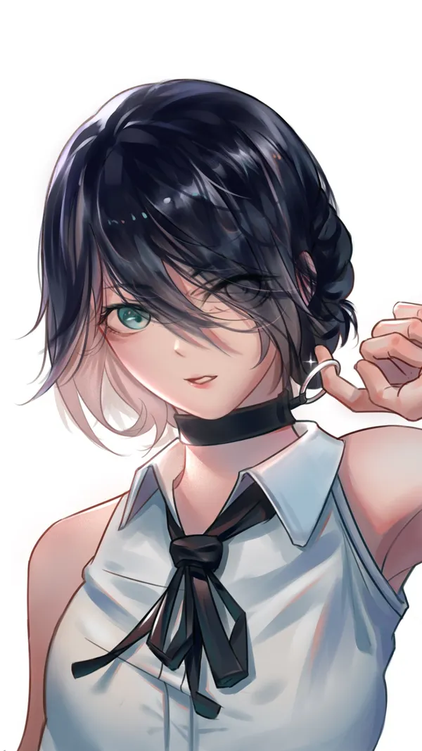 Young woman with black hair and green eyes is winking