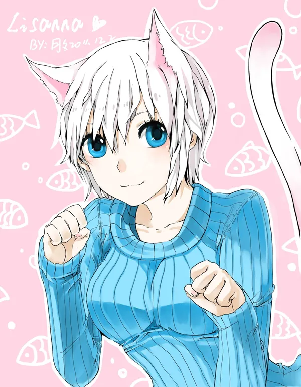 Young woman with cat ears and a tail is smiling