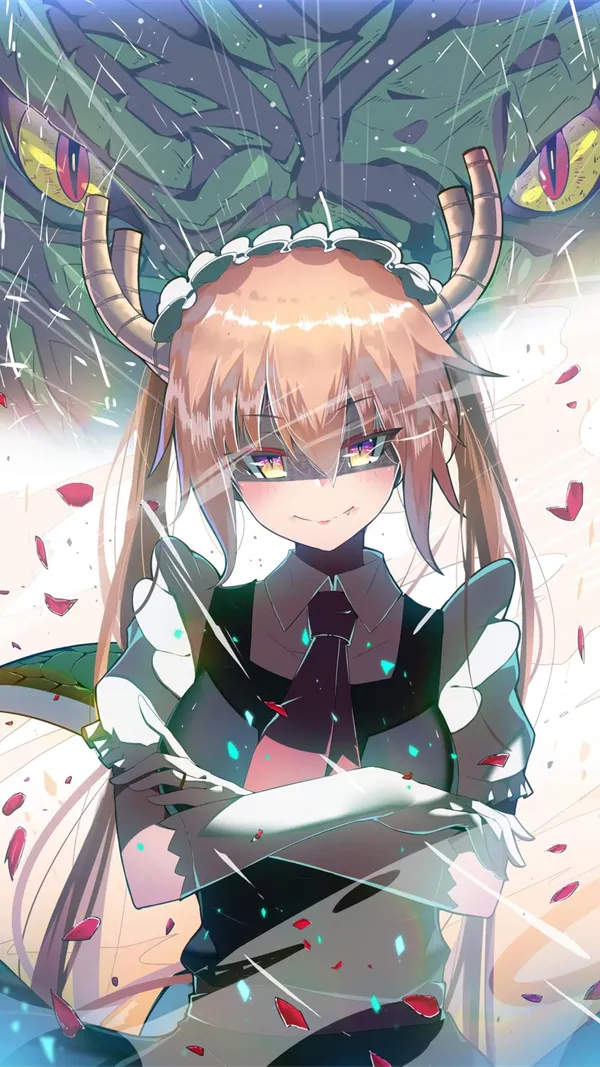 Young woman with horns and a maid outfit is standing in front of a large