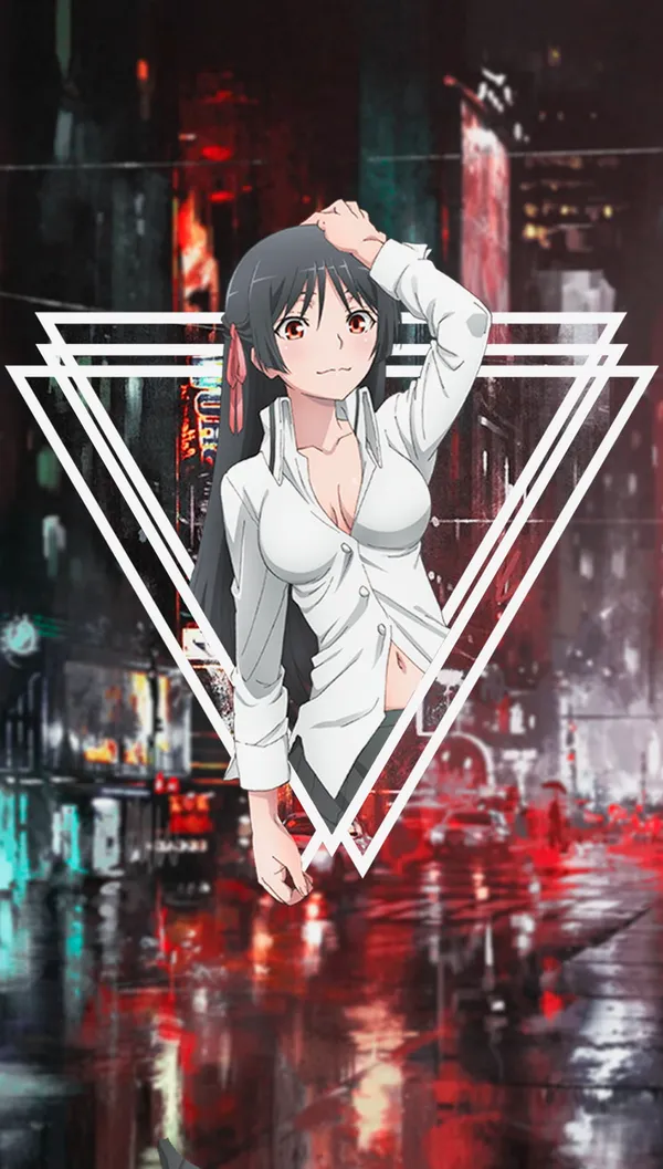Young woman with long black hair standing in a city street at night