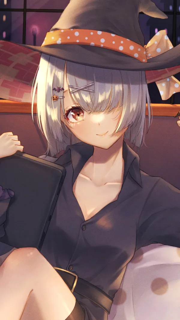 Young woman with short white hair and orange eyes is wearing a witch hat and