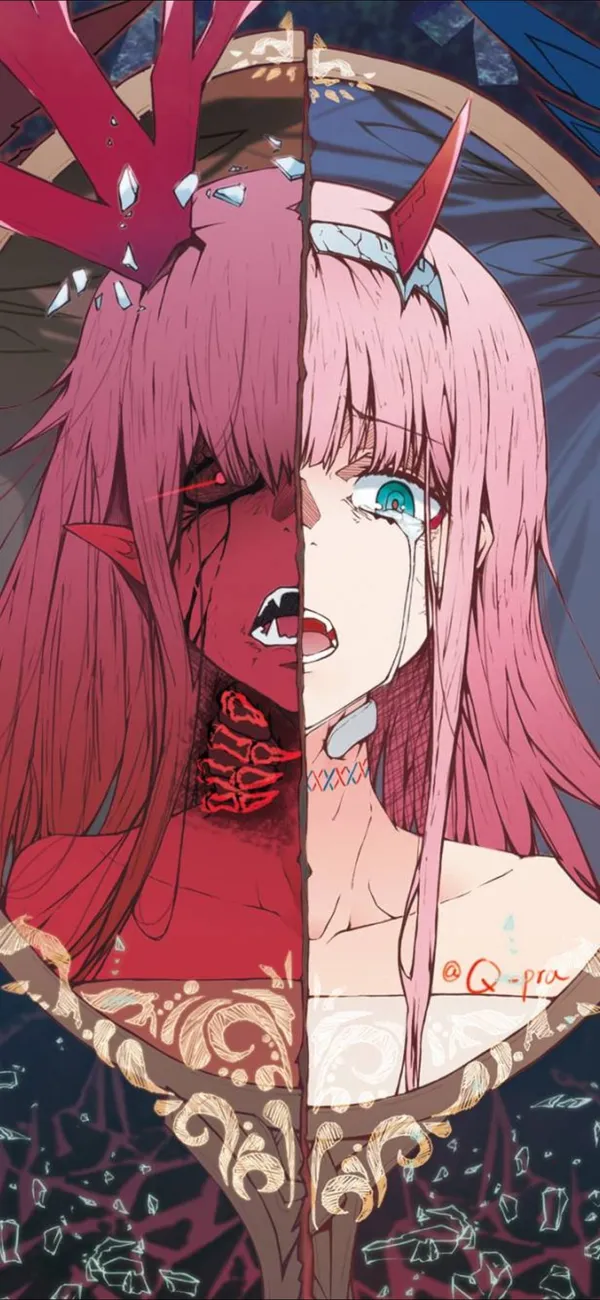 Zero Two crying with half of her face bloody and demonic