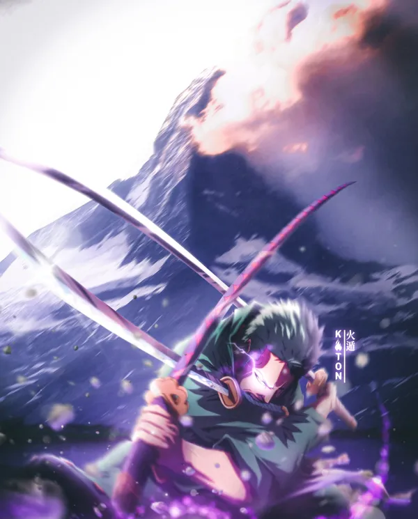 Zoro Roronoa from the anime One Piece using his Santoryu Ogi: Sanzen Sekai
